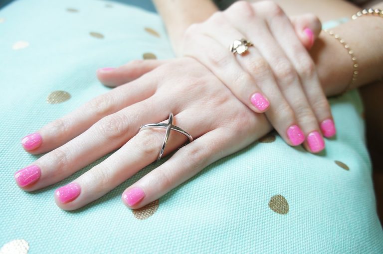 Gel polish pink nails.