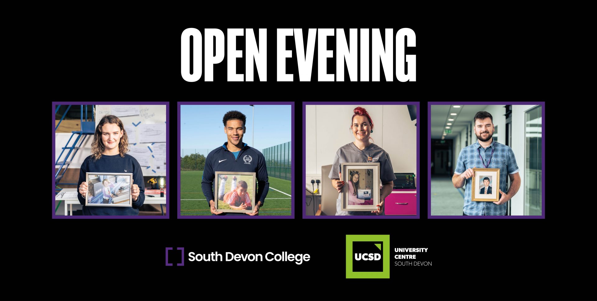 Open Event graphic with 4 images of students and staff