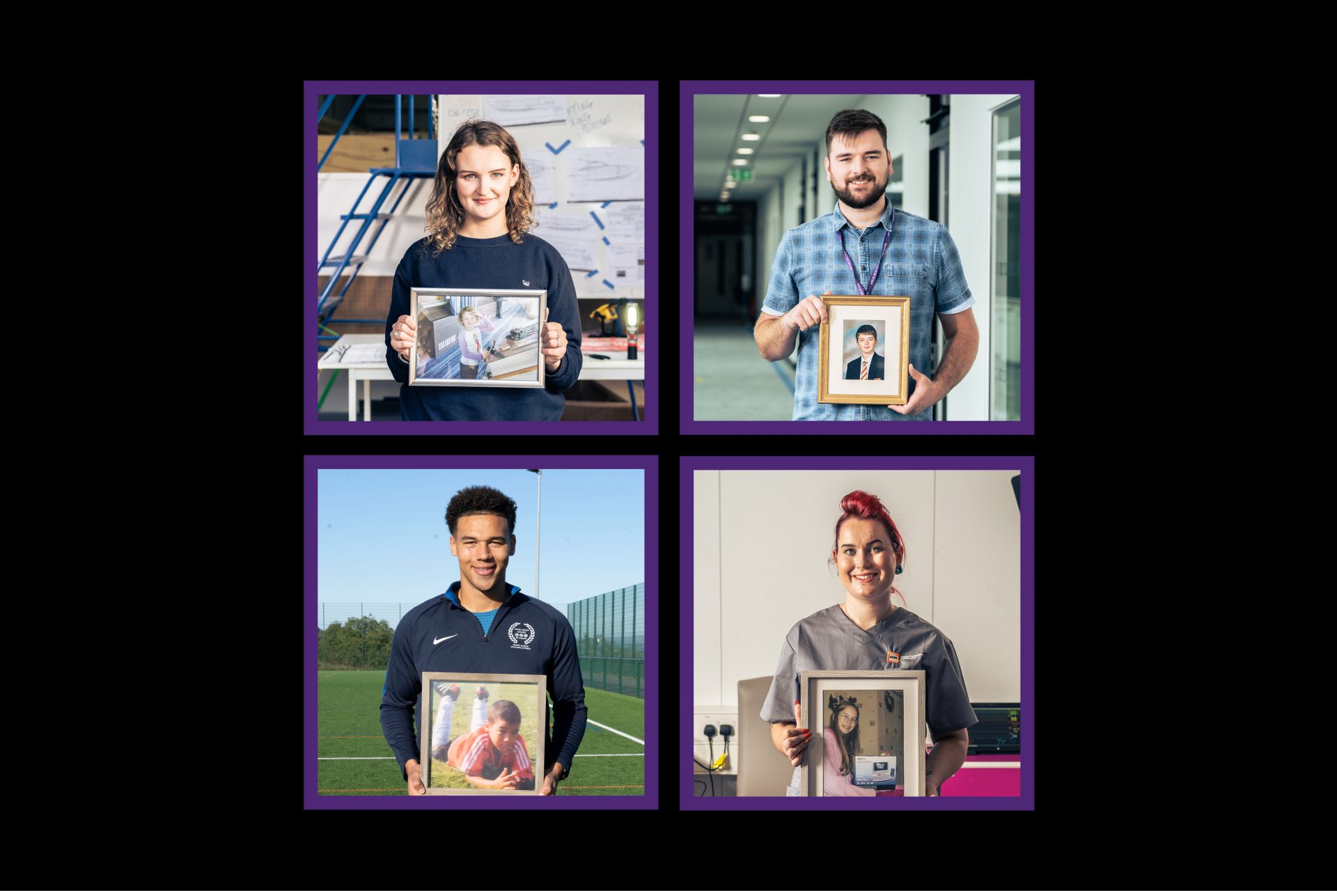 4 images of students and staff with a photo of their younger self